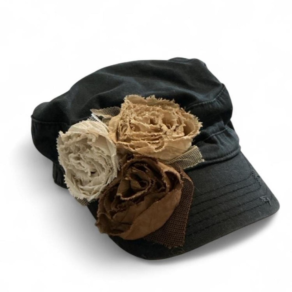 Olive & Pique Cadet Hat Womens OS Black Distressed Floral Rosette Cap